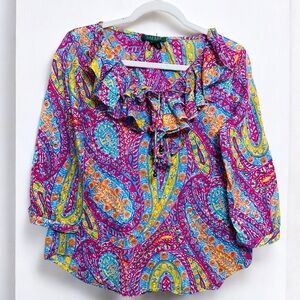 Ralph Lauren 100% Cotton Colorful Paisley Ruffle Accent 3/4 Sleeve Blouse Medium